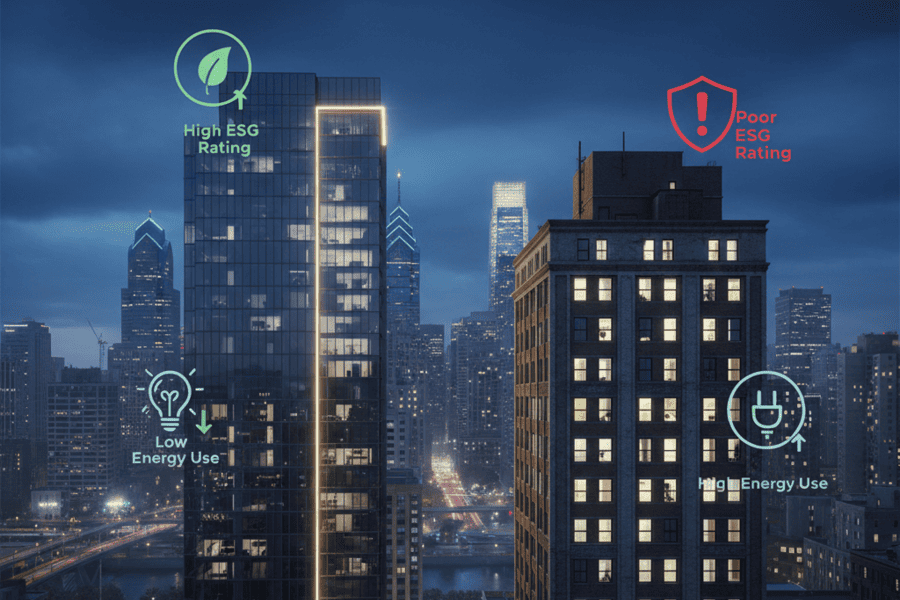 Energy‑inefficient commercial building with deferred maintenance contrasted with modern efficient property in Philadelphia