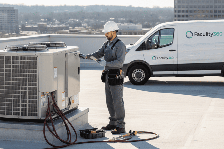 Facility360 technician performing preventive maintenance on commercial HVAC system in Greater Philadelphia
