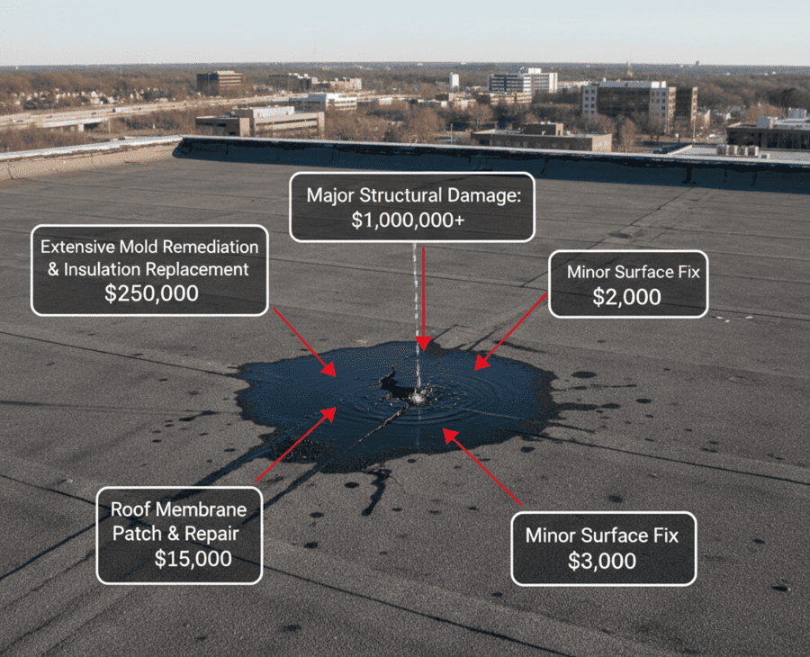 Leaking commercial roof in King of Prussia illustrating exponential cost increase from deferred maintenance