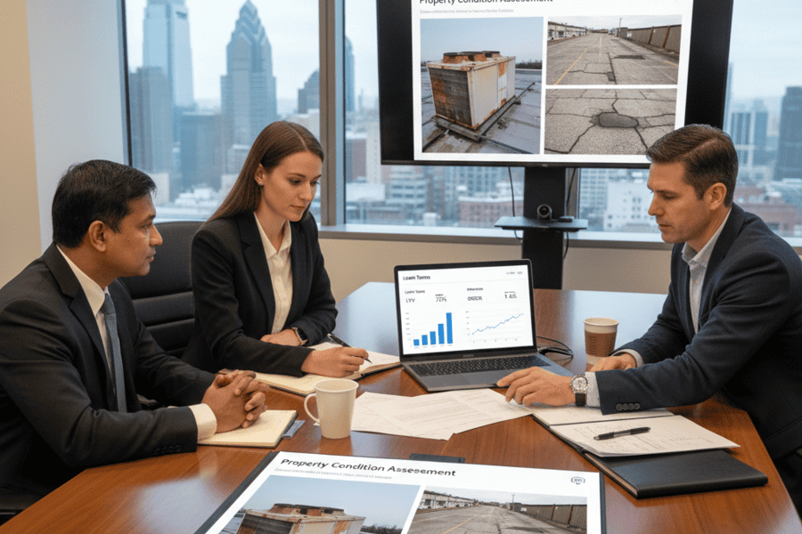 Lender reviewing Property Condition Assessment showing deferred maintenance risks impacting financing terms