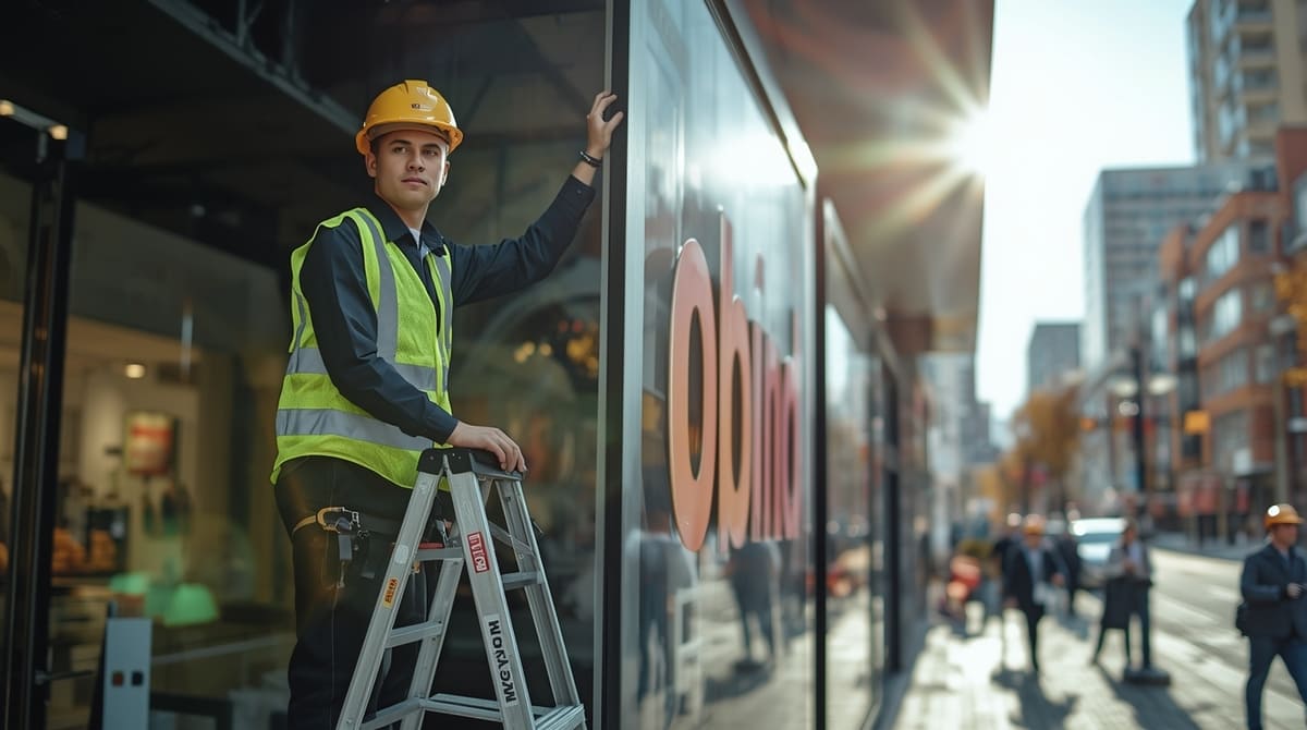 A uniformed worker on a ladder installs a sign on the facade of a commercial building