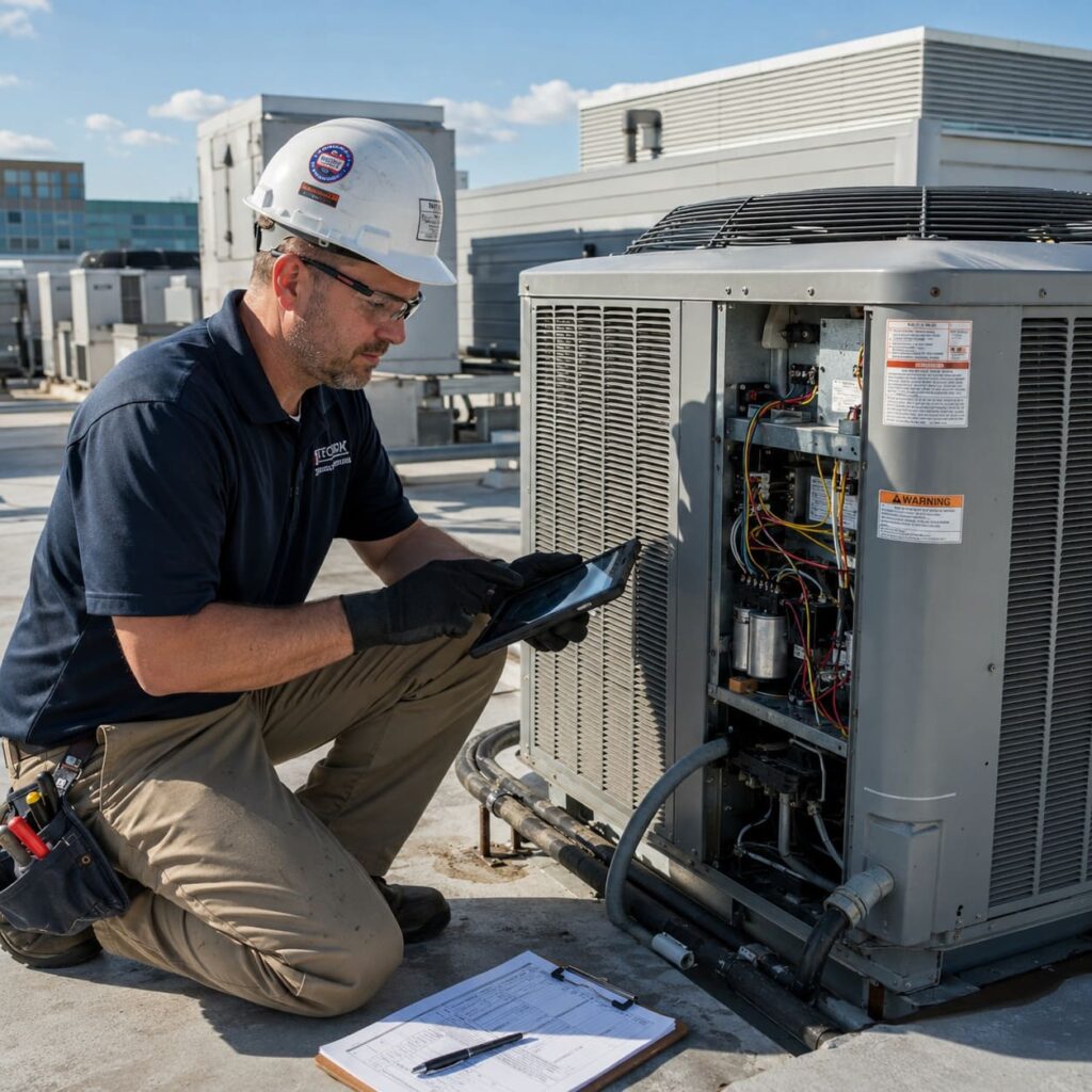 Preventive HVAC maintenance inspection on a commercial property