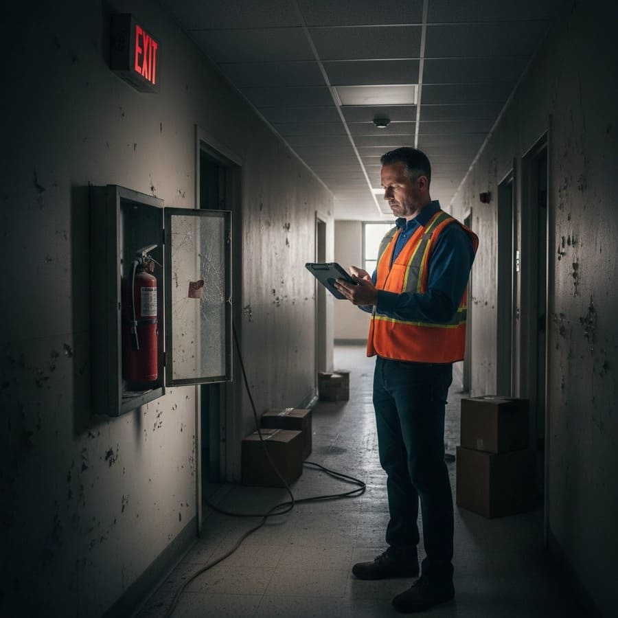 Building inspector documenting code violations and safety hazards caused by deferred maintenance in a Philadelphia commercial corridor