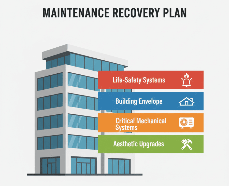 Visual maintenance recovery plan for a commercial building showing prioritized repairs by life safety, envelope, mechanical, and aesthetics