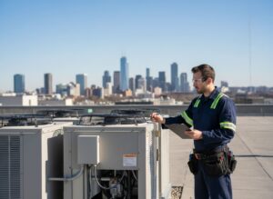 Commercial facility technician performing scheduled preventive maintenance inspection on rooftop HVAC unit in Philadelphia