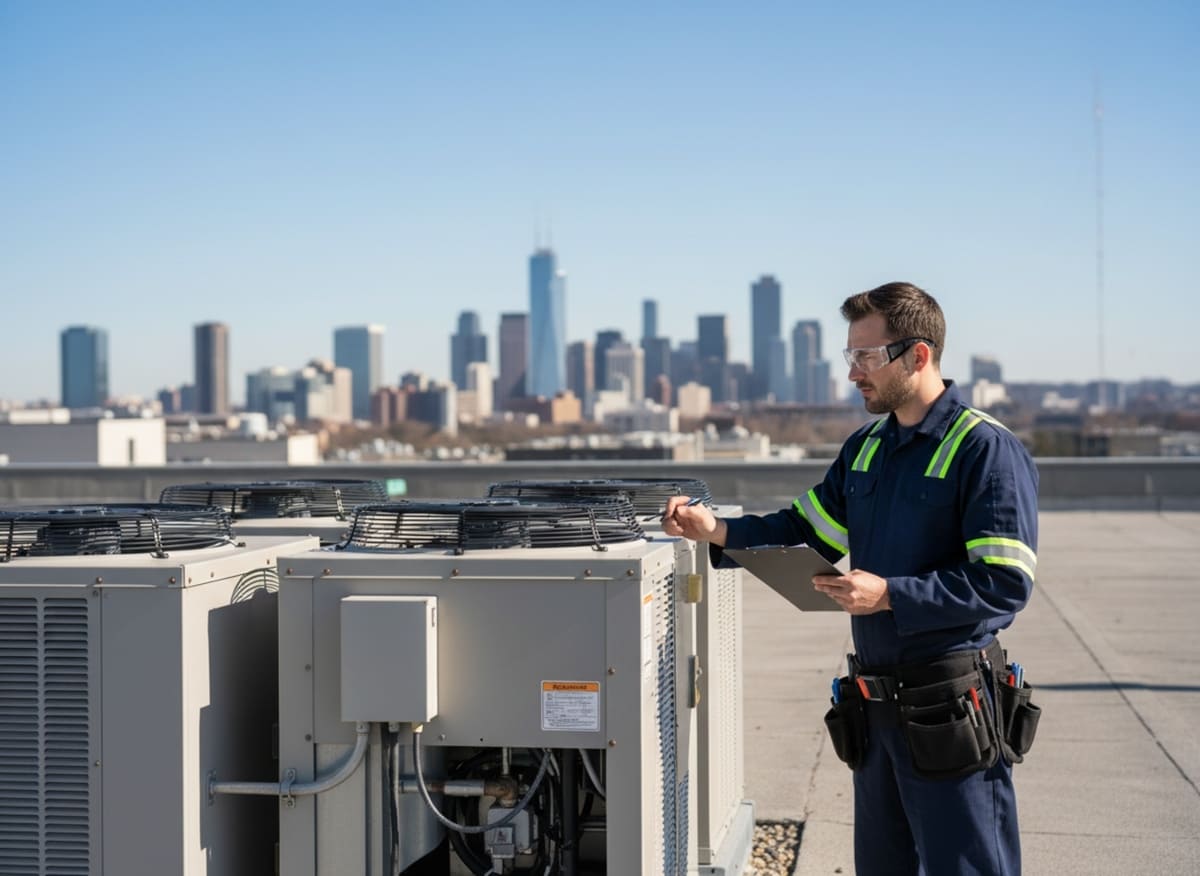 Commercial facility technician performing scheduled preventive maintenance inspection on rooftop HVAC unit in Philadelphia
