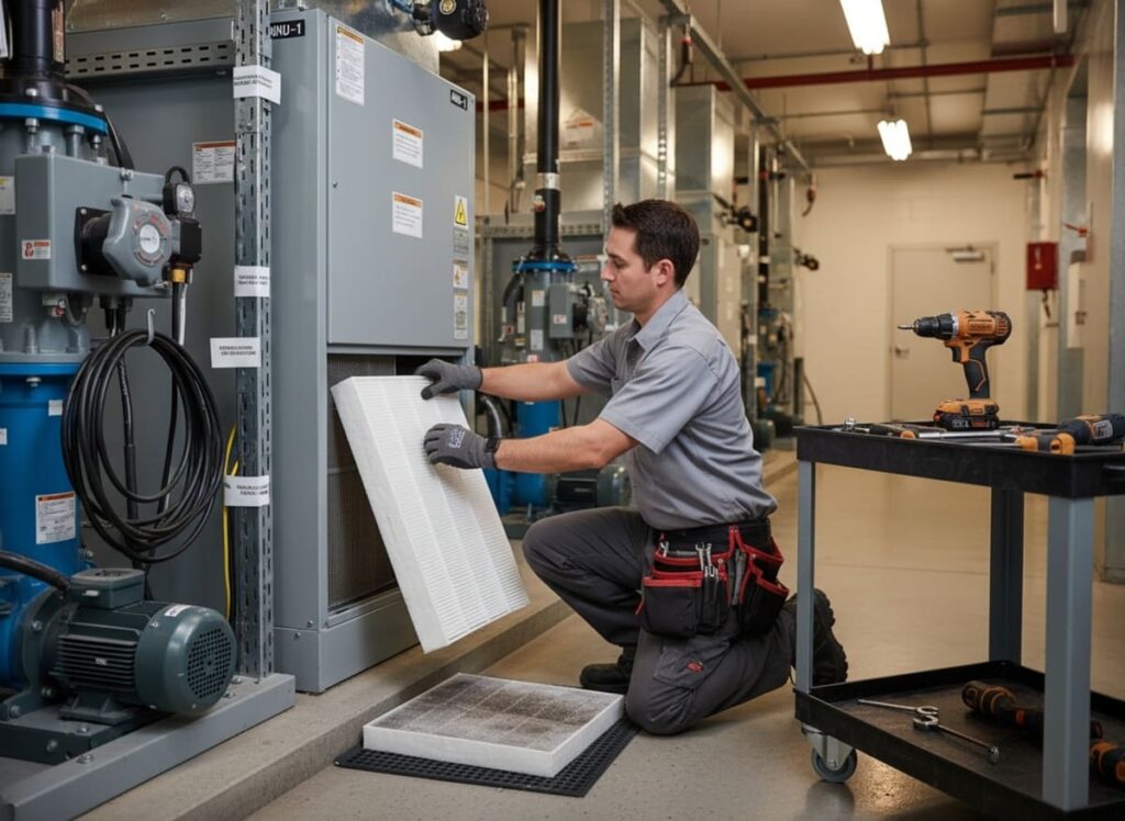HVAC filter replacement and coil cleaning during scheduled preventive maintenance in a commercial office building