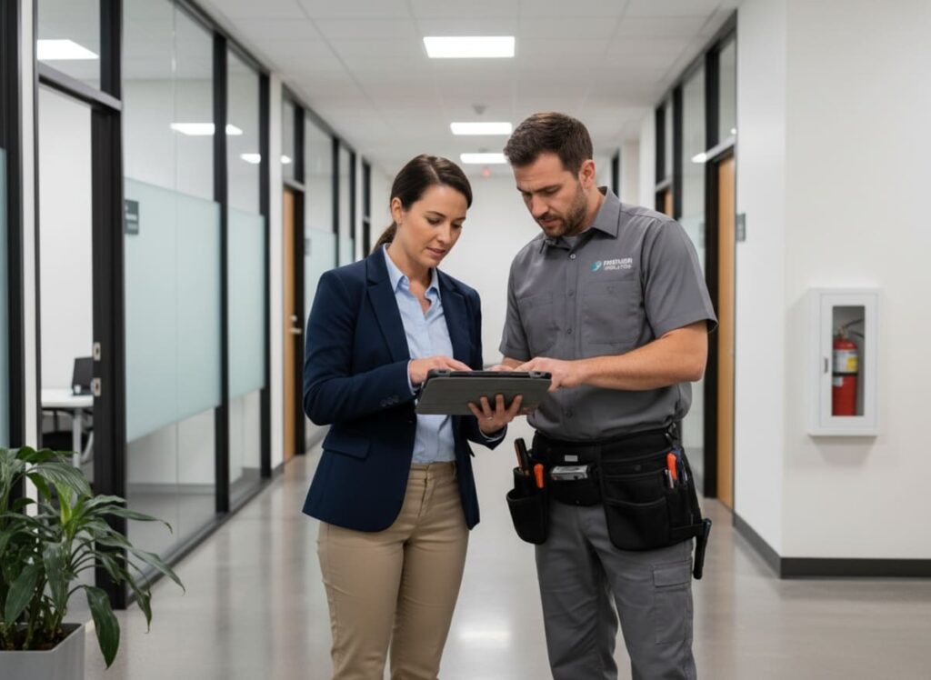 Property manager reviewing facility maintenance checklist with technician during a building walkthrough inspection