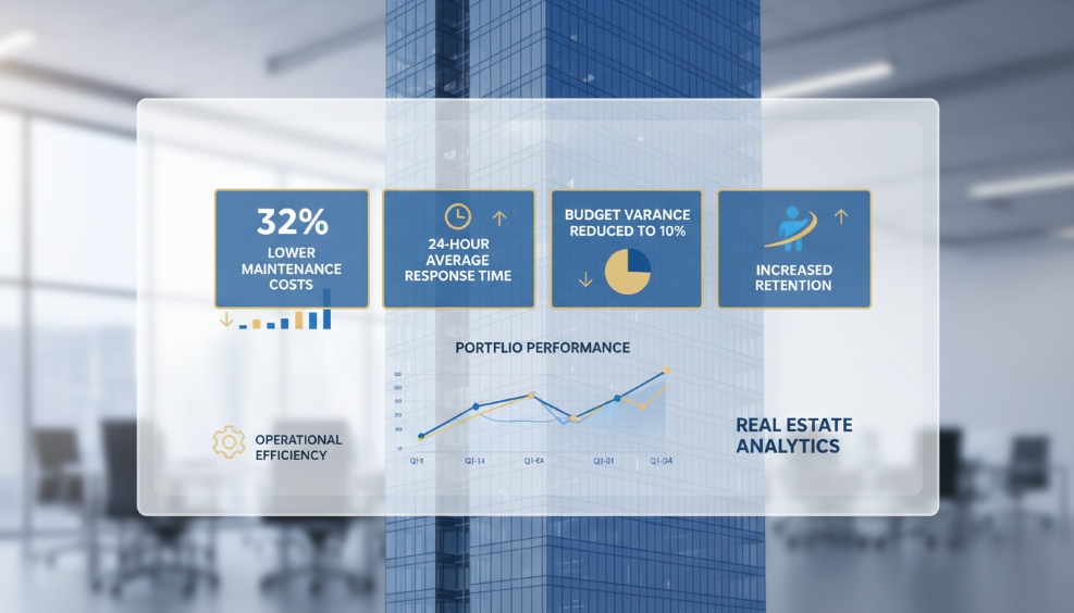 KPI infographic with bold numbers: "32% Cost Reduction", "Under 24‑hour Response", "Budget Variance 10%", "Stronger Tenant Retention" with a modern office building silhouette in the background.