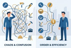 Hero banner for commercial property management article contrasting vendor sprawl (multiple contractors, chaos, high costs) with single‑source facility partnership (one accountable provider, efficiency, cost savings) – Facility360.