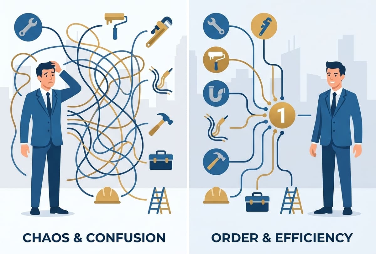 Hero banner for commercial property management article contrasting vendor sprawl (multiple contractors, chaos, high costs) with single‑source facility partnership (one accountable provider, efficiency, cost savings) – Facility360.