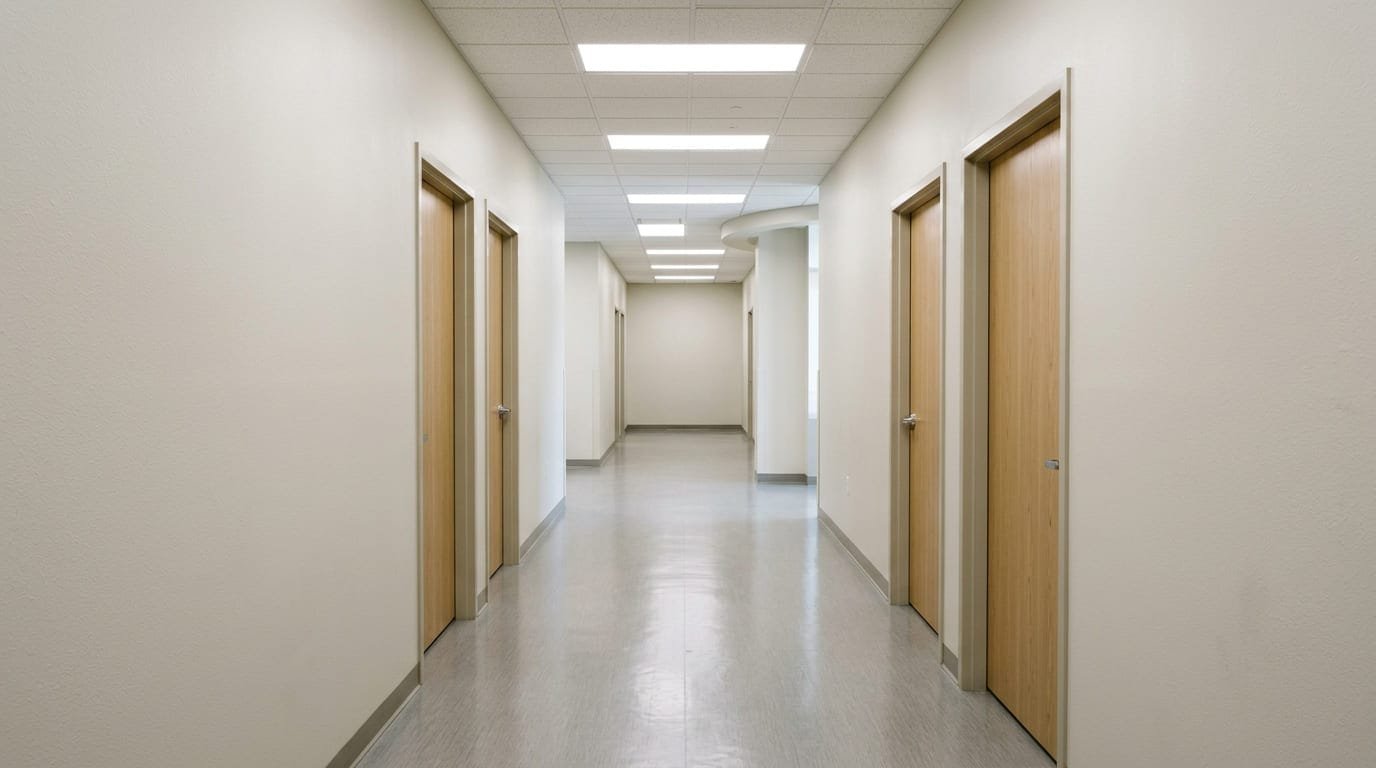 Clean, well-lit corridor inside a Philadelphia medical office building maintained by Facility360