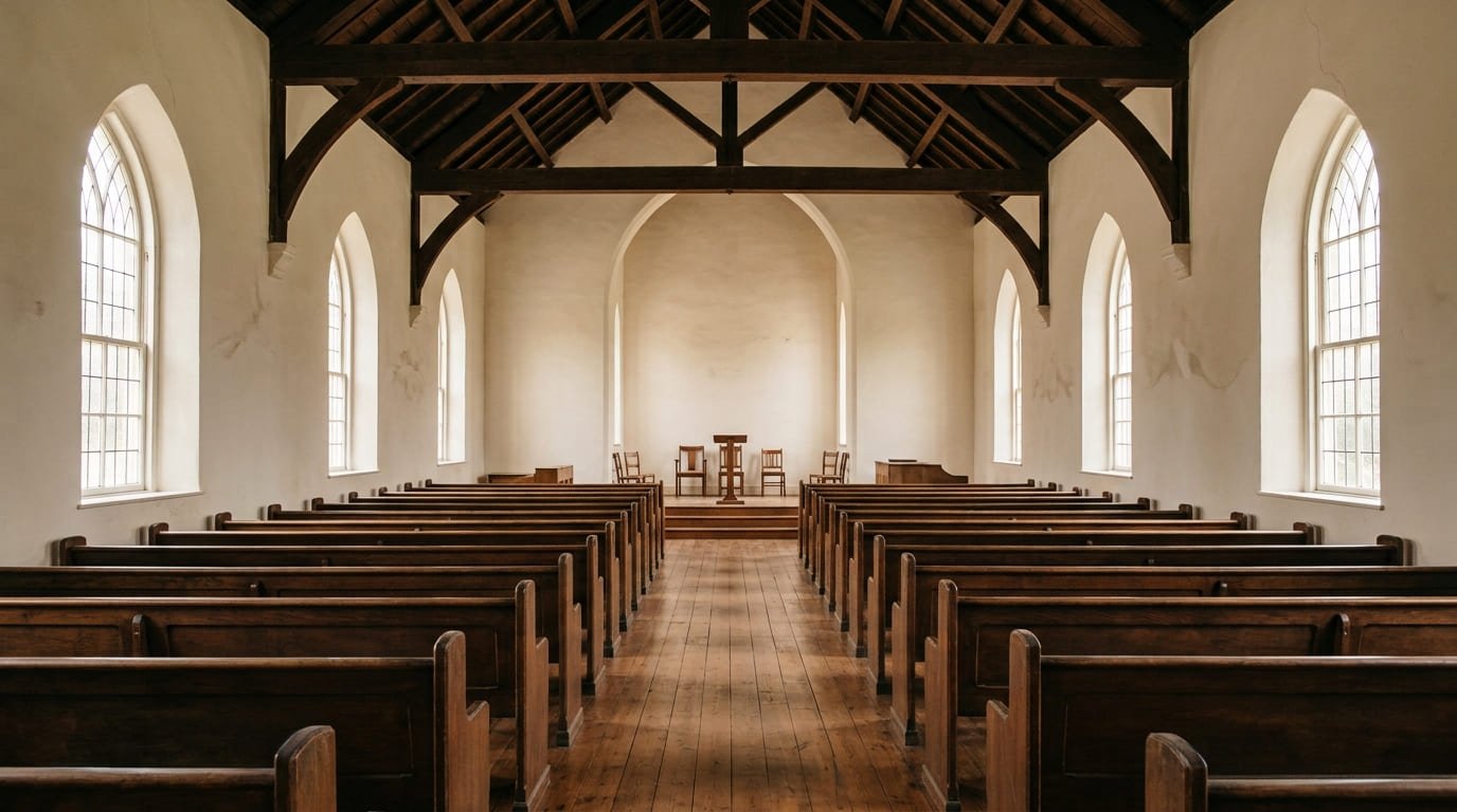 Restored sanctuary interior after water damage repair at a historic Norristown church