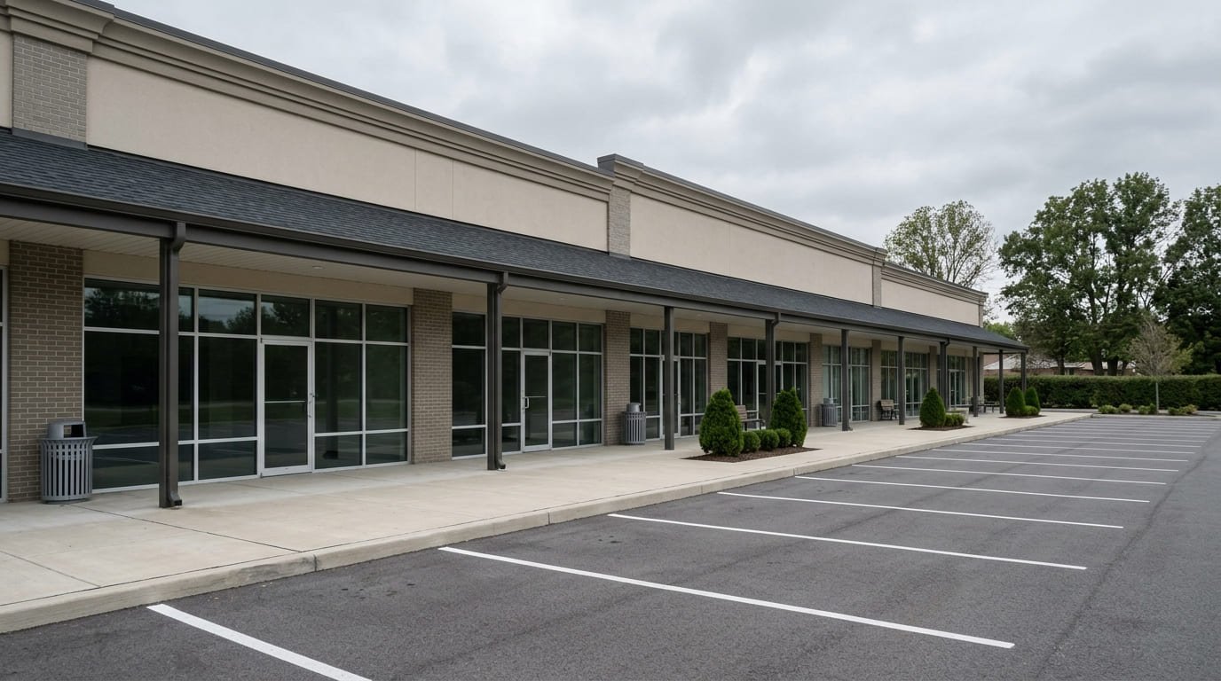 Multi-tenant retail plaza exterior after Facility360 preventive maintenance in Bensalem PA