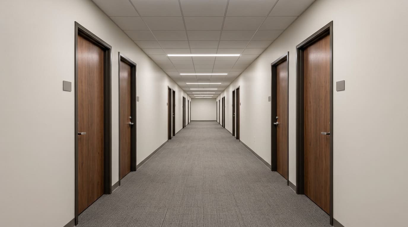 Office building common corridor during a monthly facility maintenance walkthrough
