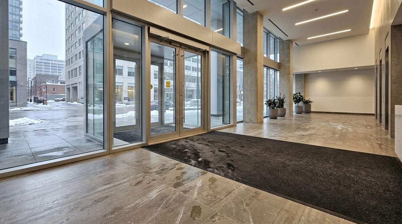 Office building lobby entry flooring and walk-off matting inspected for winter salt damage in Philadelphia