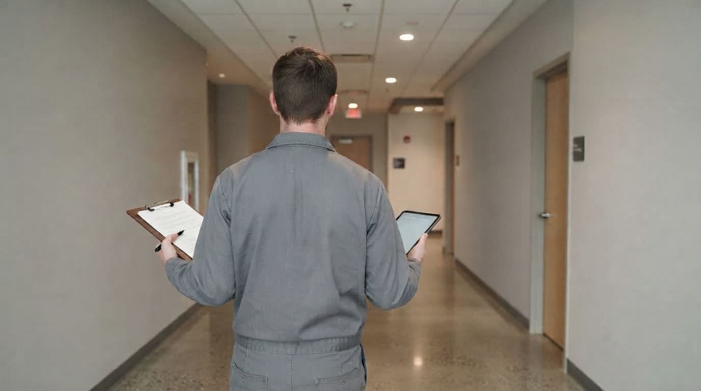 Facility technician documenting building conditions during a scheduled inspection walkthrough